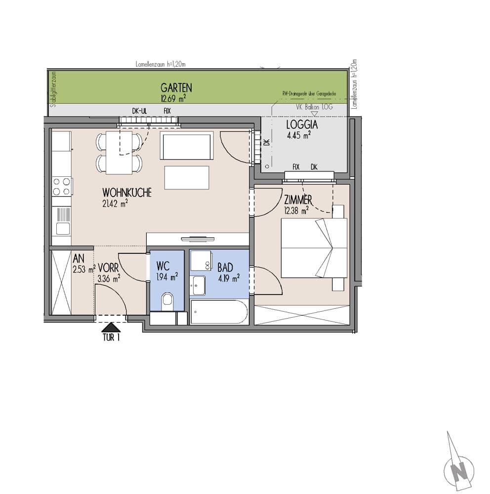 Floorplan Top 01-001 — Gelber Hof – Hausfelder Höfe — 2 Rooms — 45.8 m² — EG