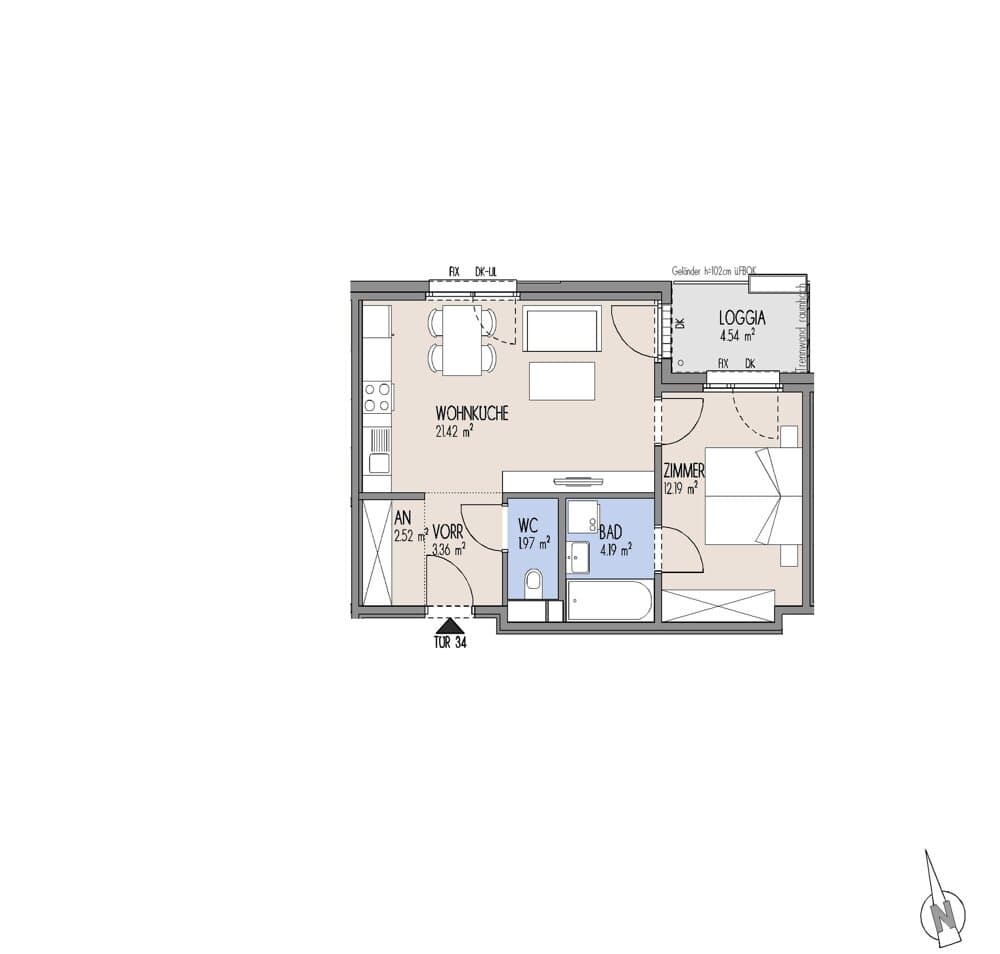 Grundriss Top 01-034 — Gelber Hof – Hausfelder Höfe — 2 Zimmer — 45,7 m² — 3. OG