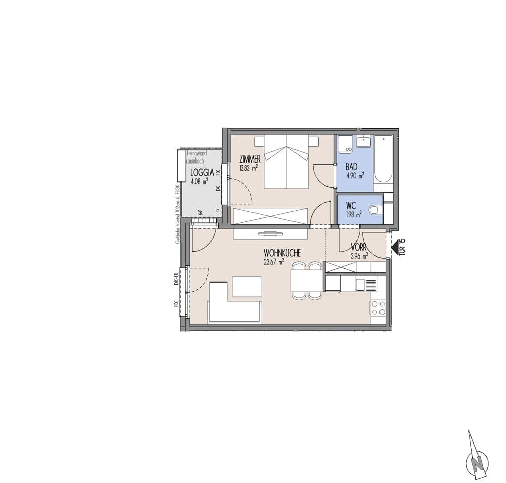 Grundriss Top 01-015 — Gelber Hof – Hausfelder Höfe — 2 Zimmer — 48,3 m² — 1. OG