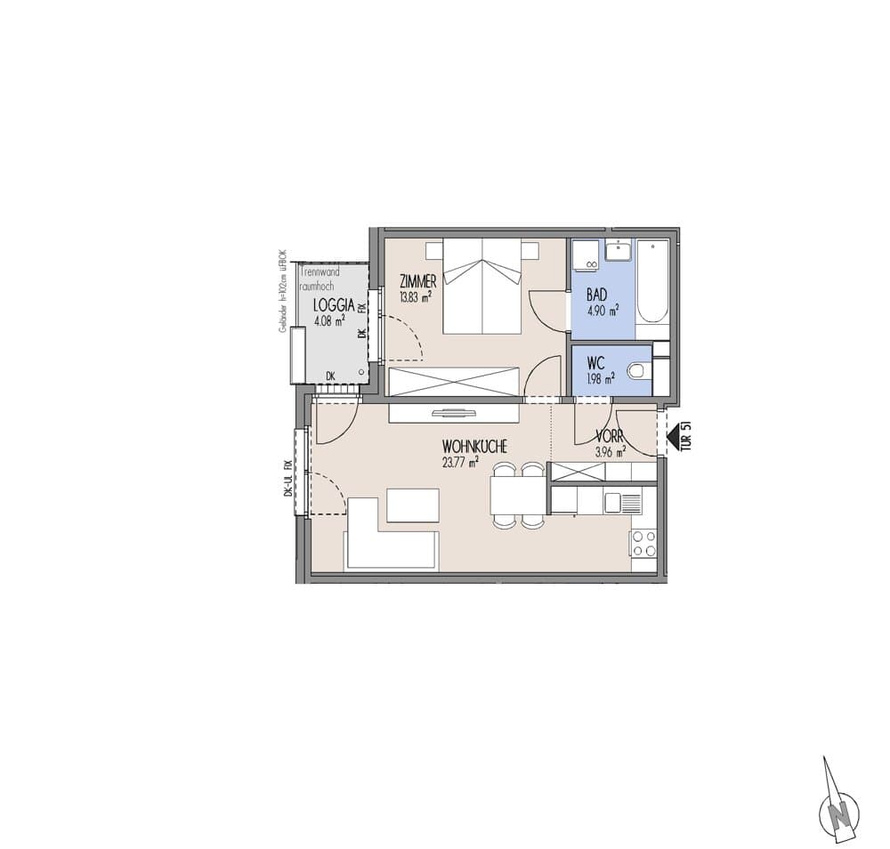 Grundriss Top 01-051 — Gelber Hof – Hausfelder Höfe — 2 Zimmer — 48,4 m² — 4. OG