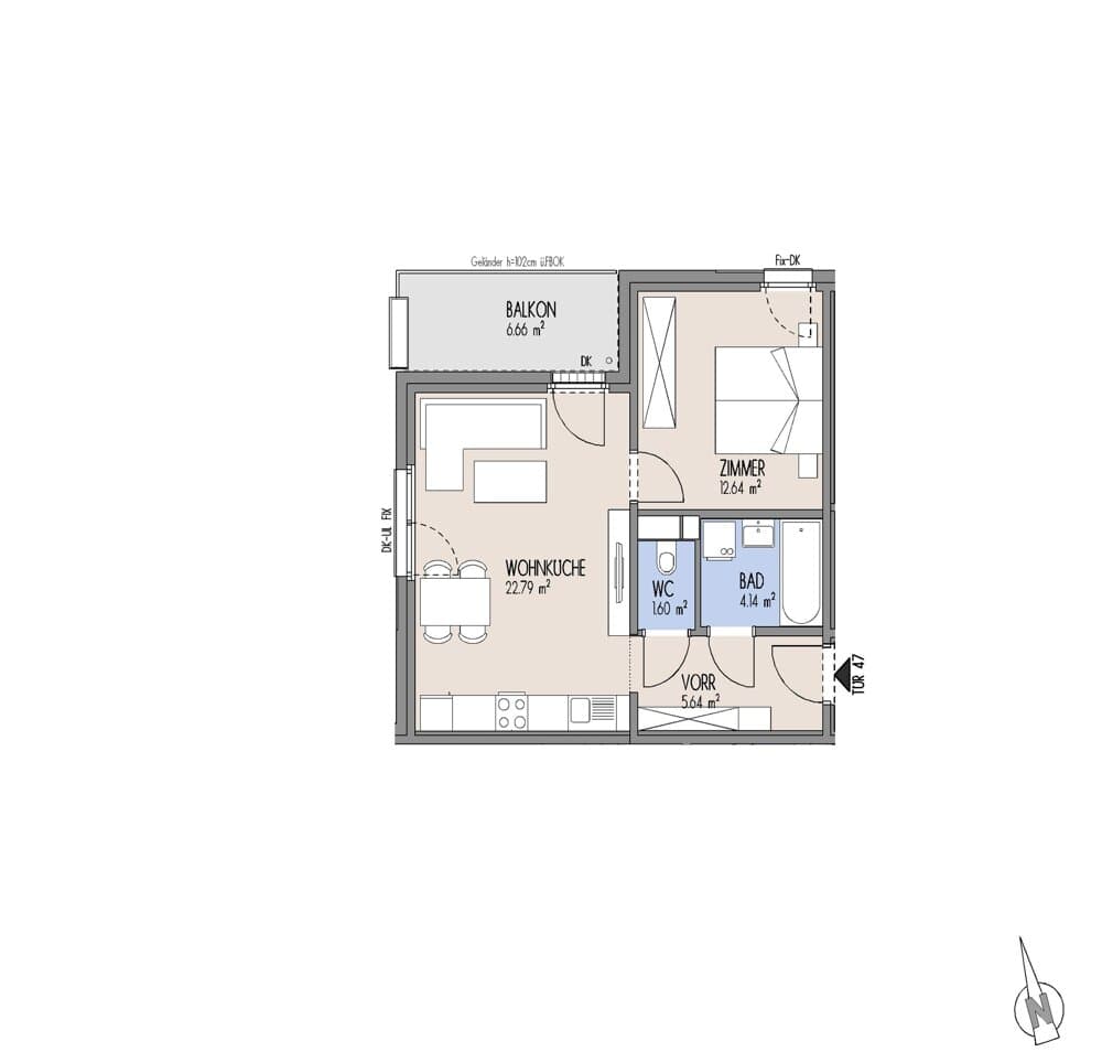 Floorplan Top 01-047 — Gelber Hof – Hausfelder Höfe — 2 Rooms — 46.8 m² — 4. OG
