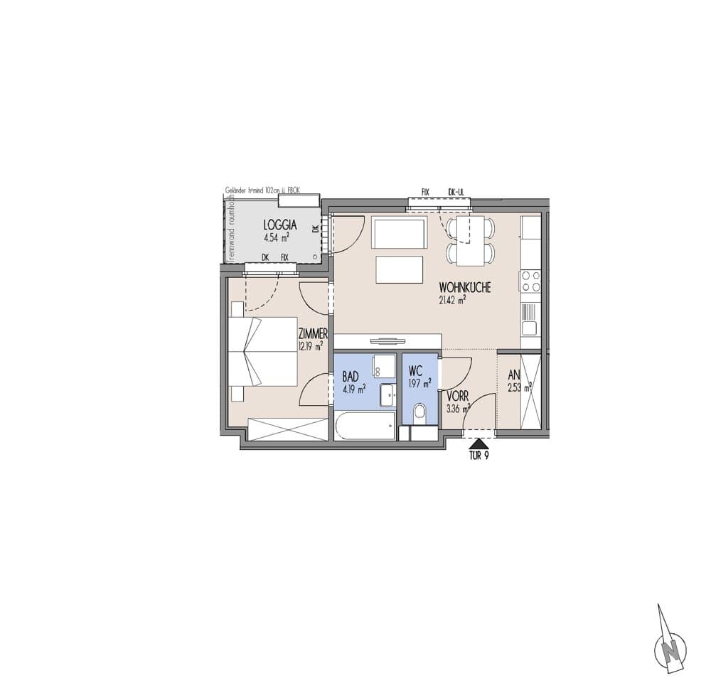 Grundriss Top 01-009 — Gelber Hof – Hausfelder Höfe — 2 Zimmer — 45,7 m² — 1. OG