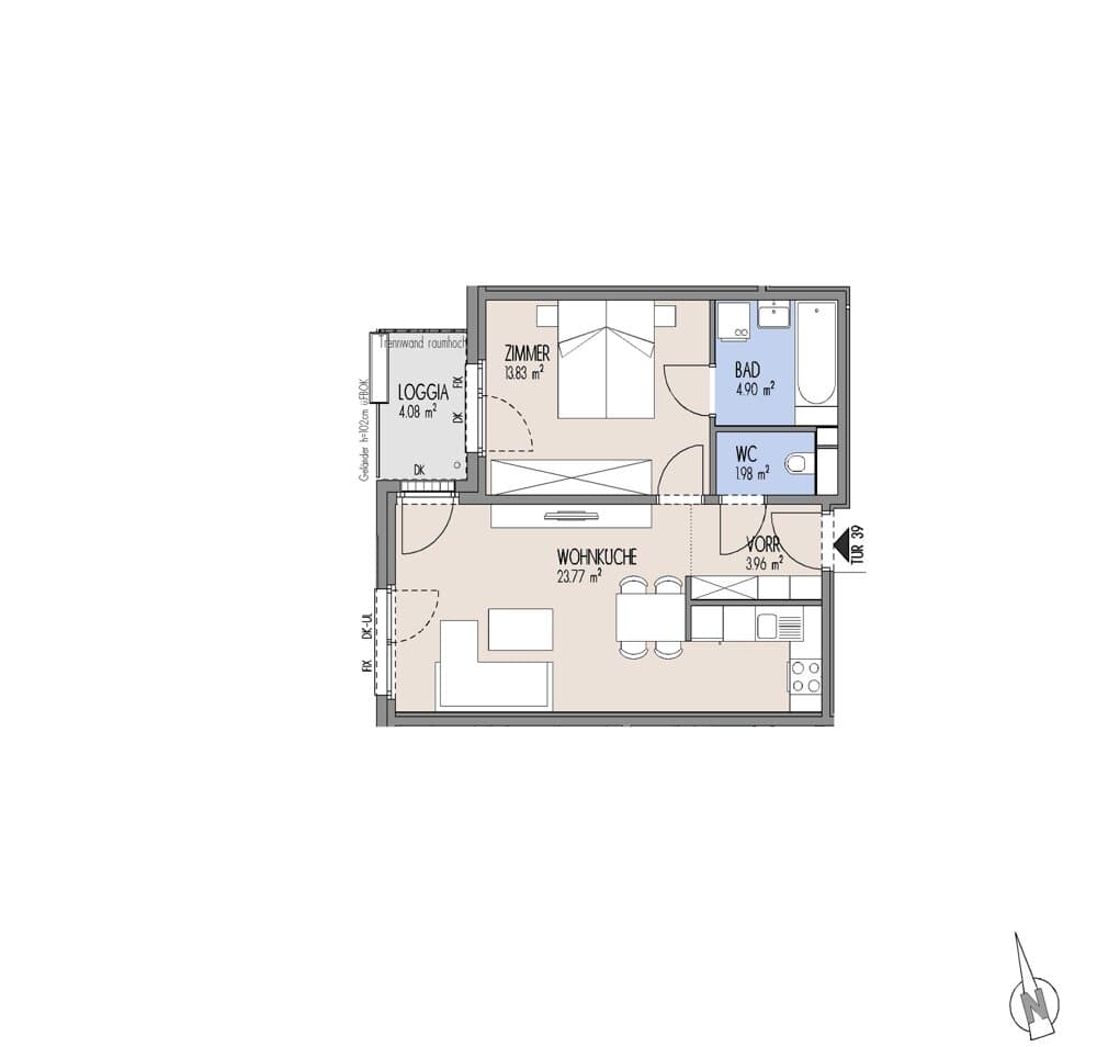 Grundriss Top 01-039 — Gelber Hof – Hausfelder Höfe — 2 Zimmer — 48,4 m² — 3. OG