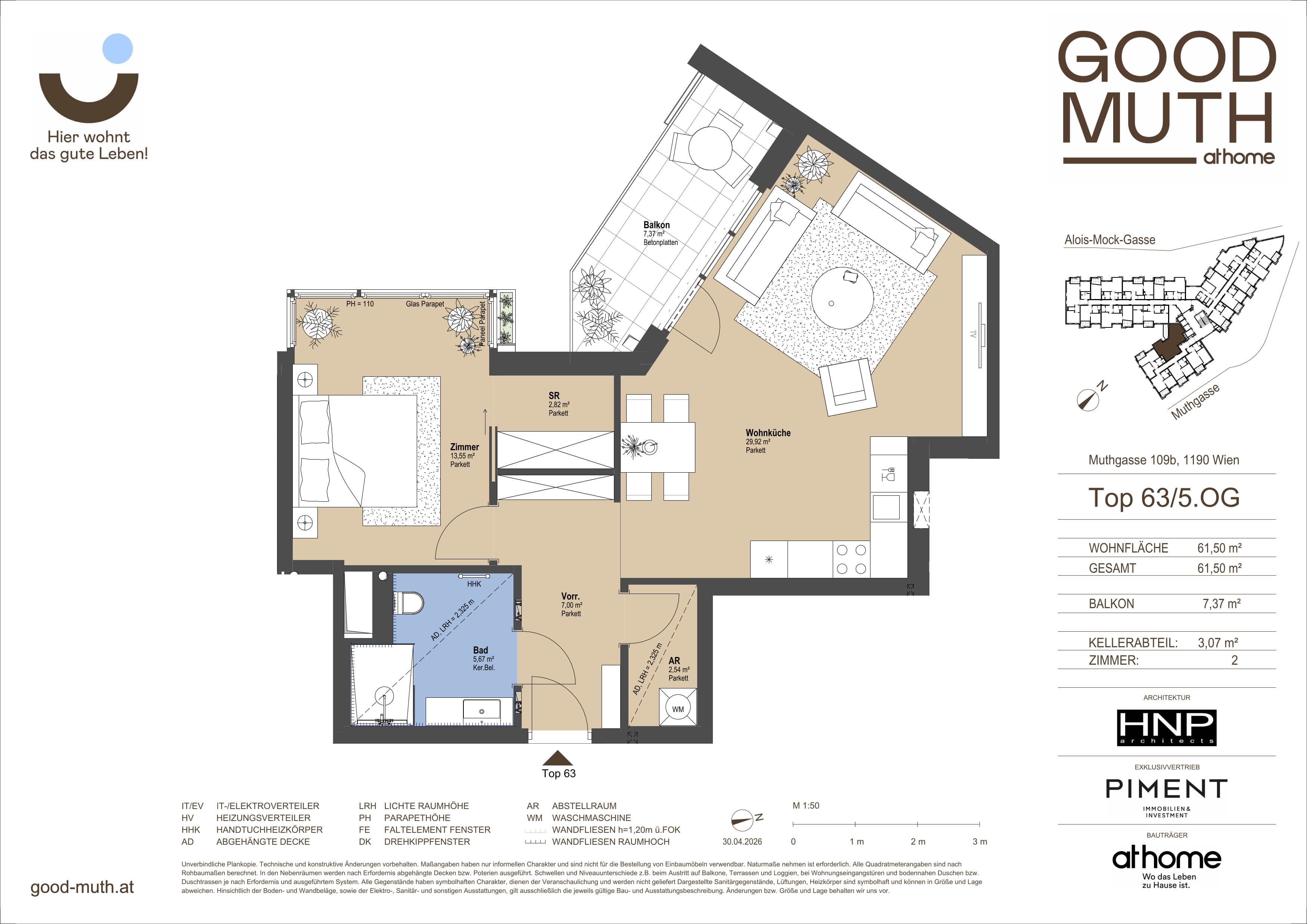 Grundriss Top 15586522 — GOOD MUTH — 2 Zimmer — 61,5 m² — 5. OG — Loggia