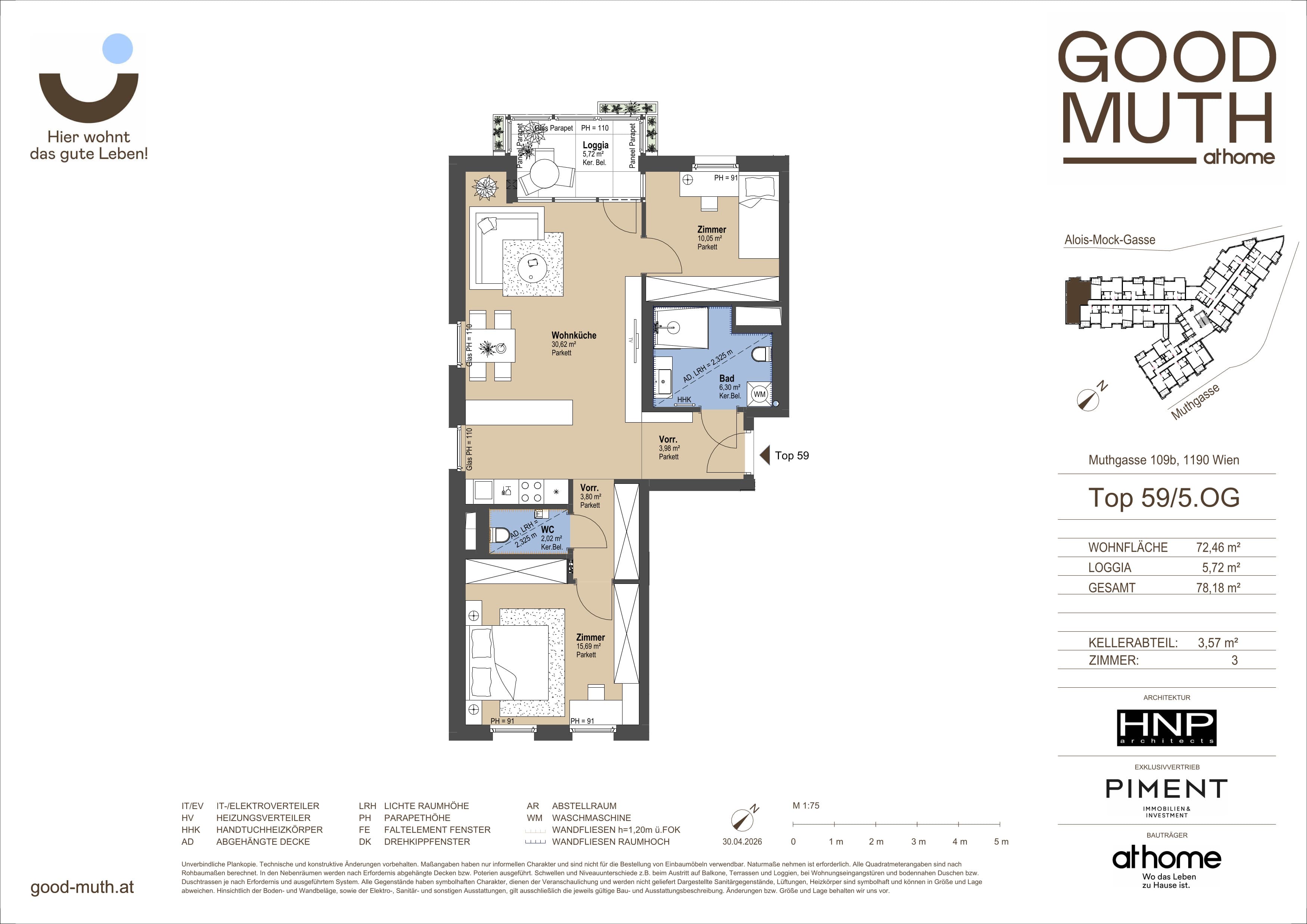 Grundriss Top 15586504 — GOOD MUTH — 3 Zimmer — 72,5 m² — 5. OG — Loggia