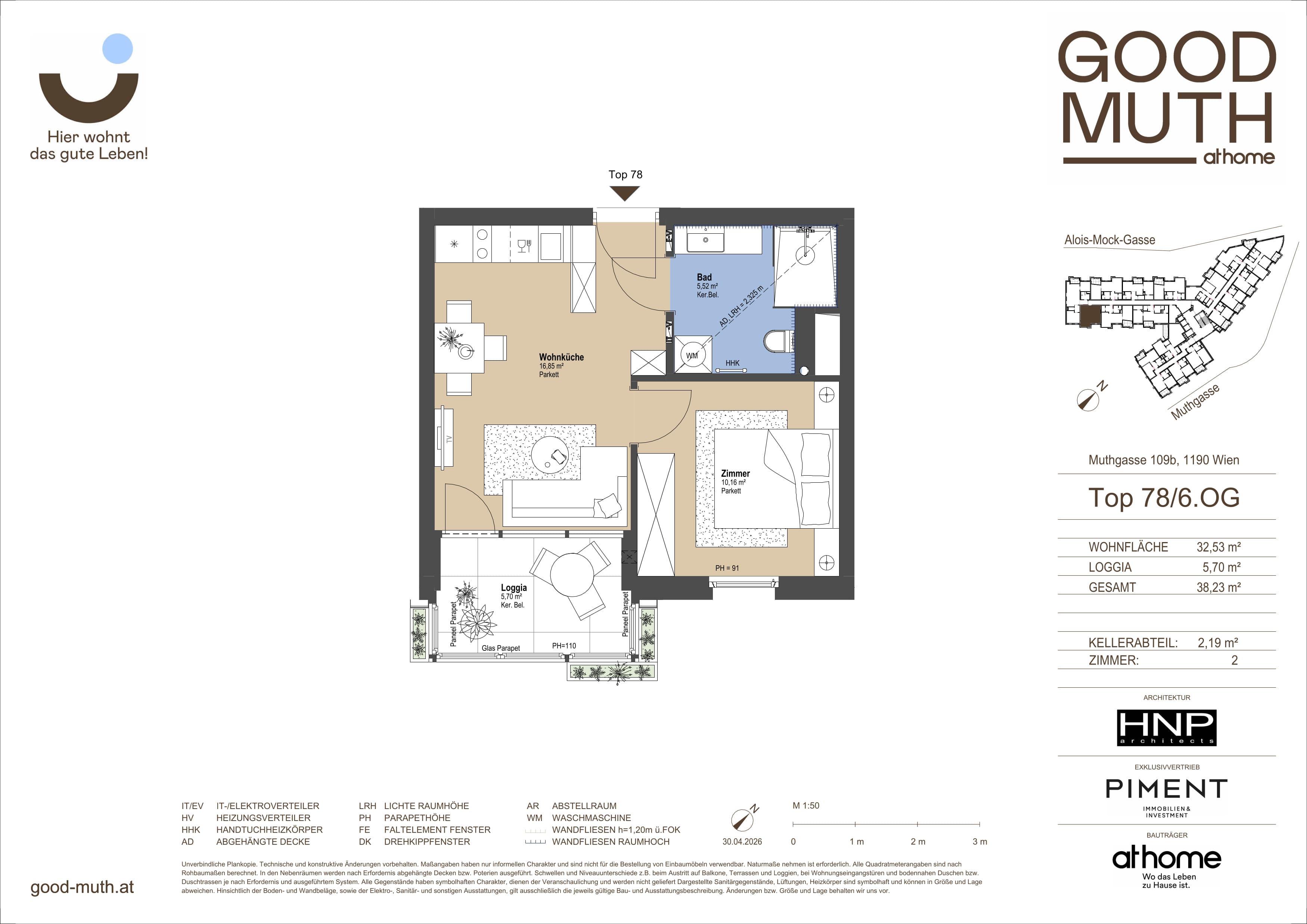 Grundriss Top 15586843 — GOOD MUTH — 2 Zimmer — 32,5 m² — 6. OG — Loggia