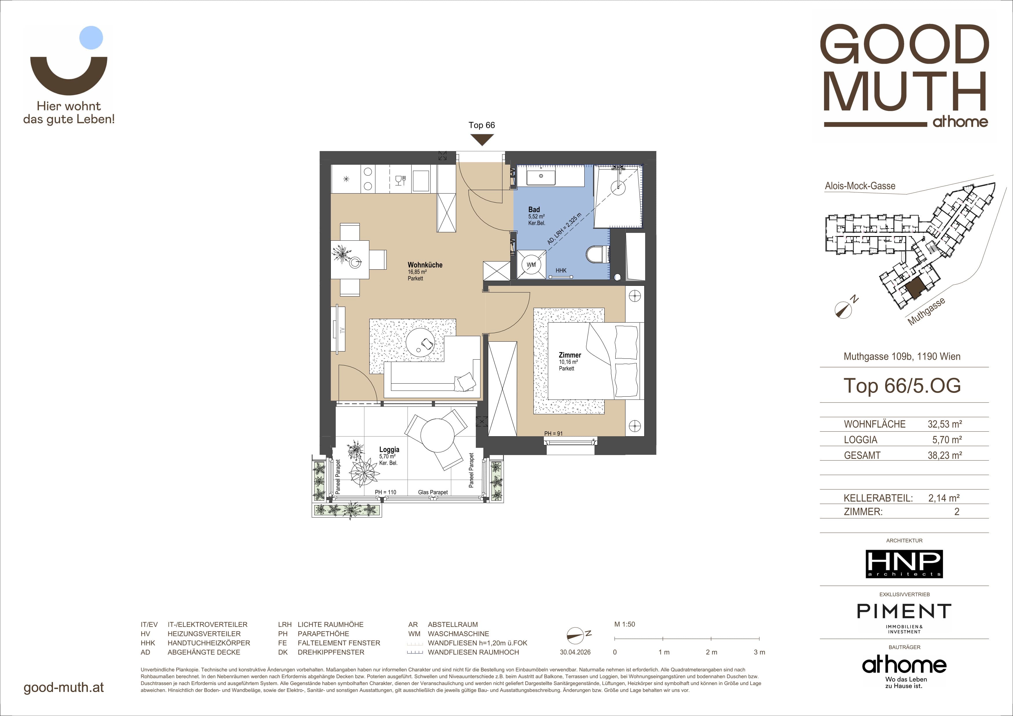 Grundriss Top 15586537 — GOOD MUTH — 2 Zimmer — 32,5 m² — 5. OG — Loggia