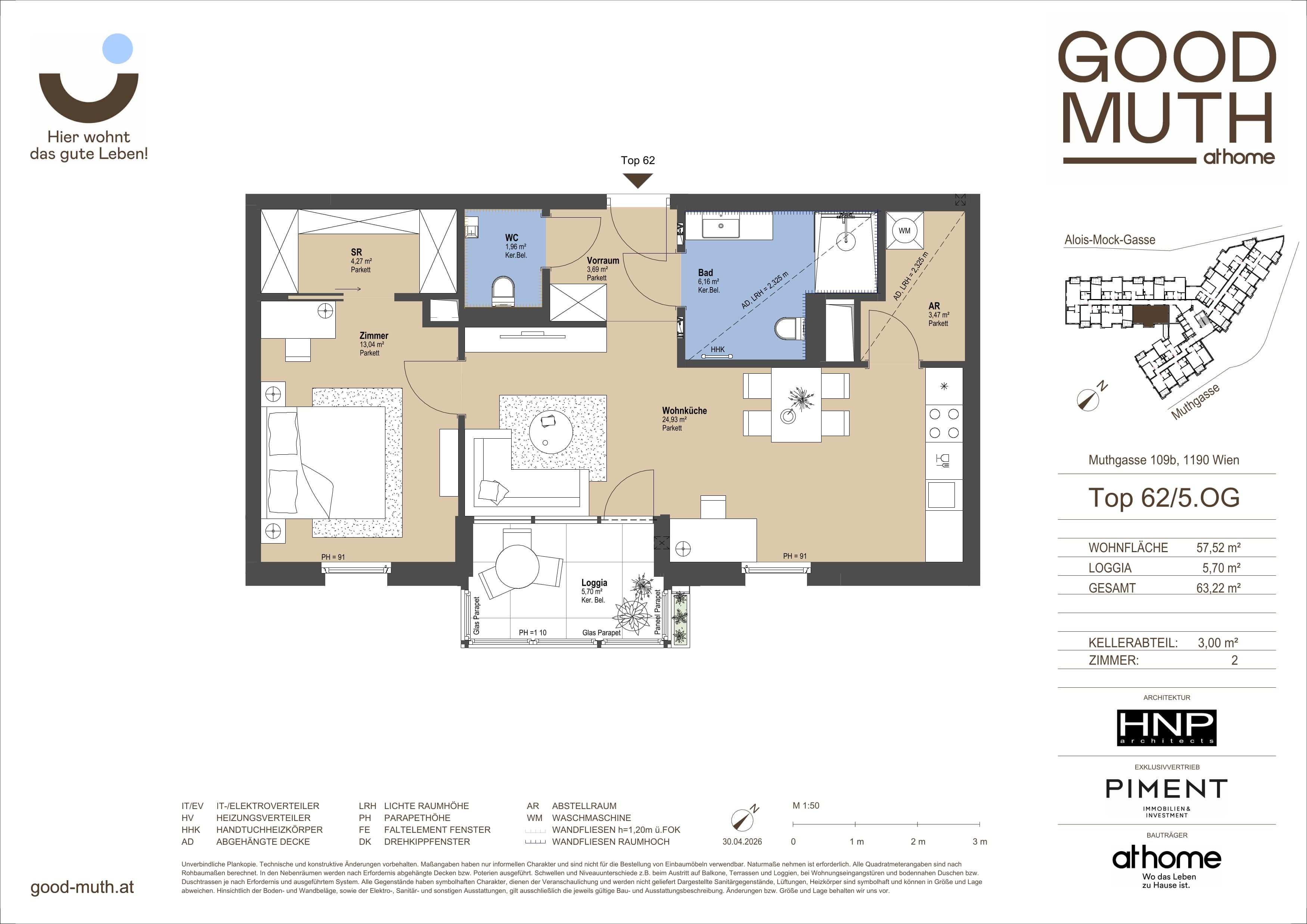 Grundriss Top 15586516 — GOOD MUTH — 2 Zimmer — 57,5 m² — 5. OG — Loggia