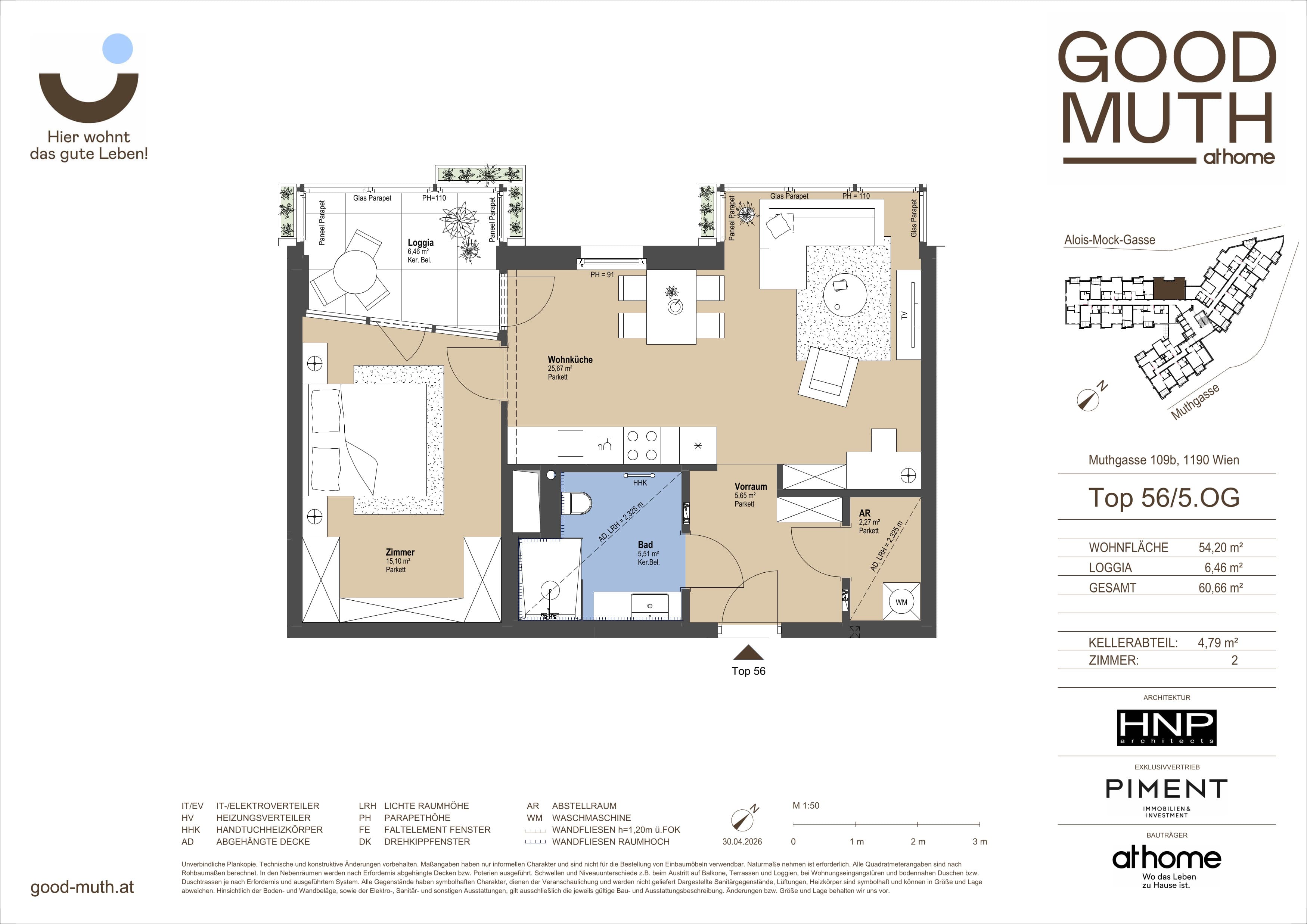Grundriss Top 13788445 — GOOD MUTH — 2 Zimmer — 54,2 m² — 5. OG — Loggia