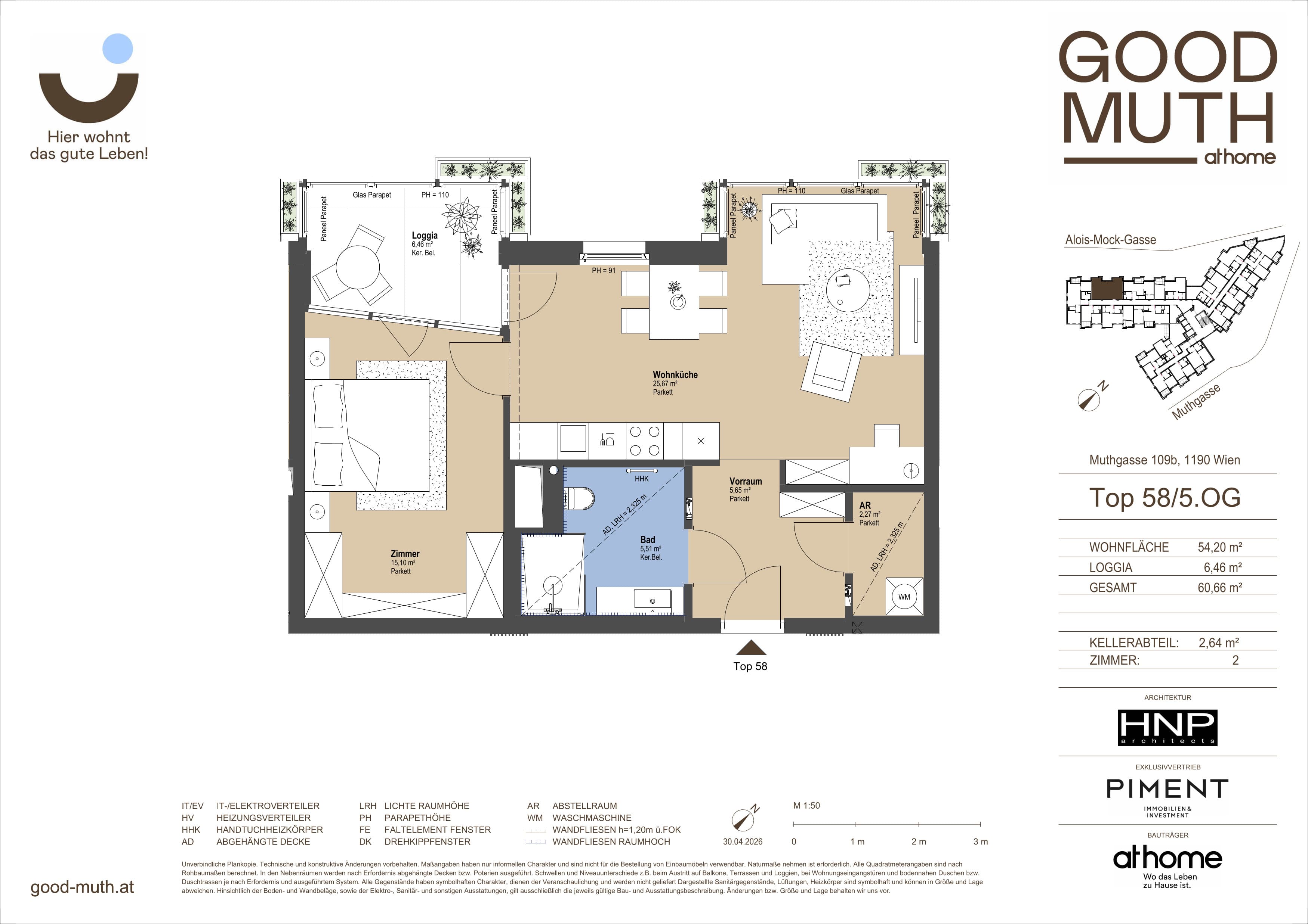 Grundriss Top 15586474 — GOOD MUTH — 2 Zimmer — 54,2 m² — 5. OG — Loggia