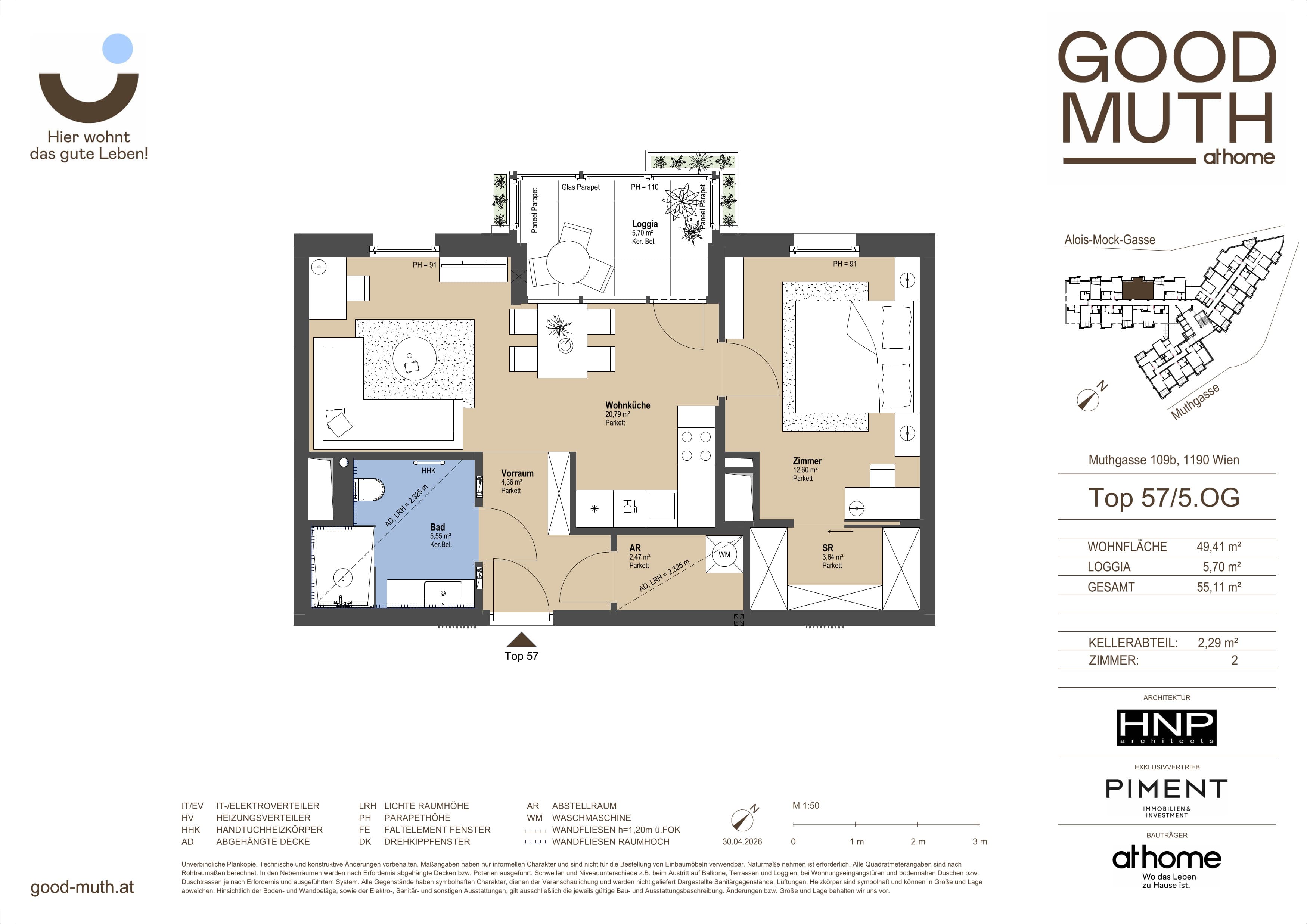 Grundriss Top 15586459 — GOOD MUTH — 2 Zimmer — 49,4 m² — 5. OG — Loggia