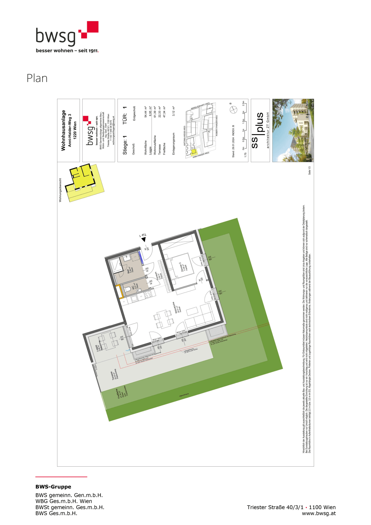 Grundriss Stiege 1 Top 1 — Gretls Garten – Wohnen beim Badeteich Hirschstetten — 2 Zimmer — 54,4 m² — EG — Grundriss 1/3