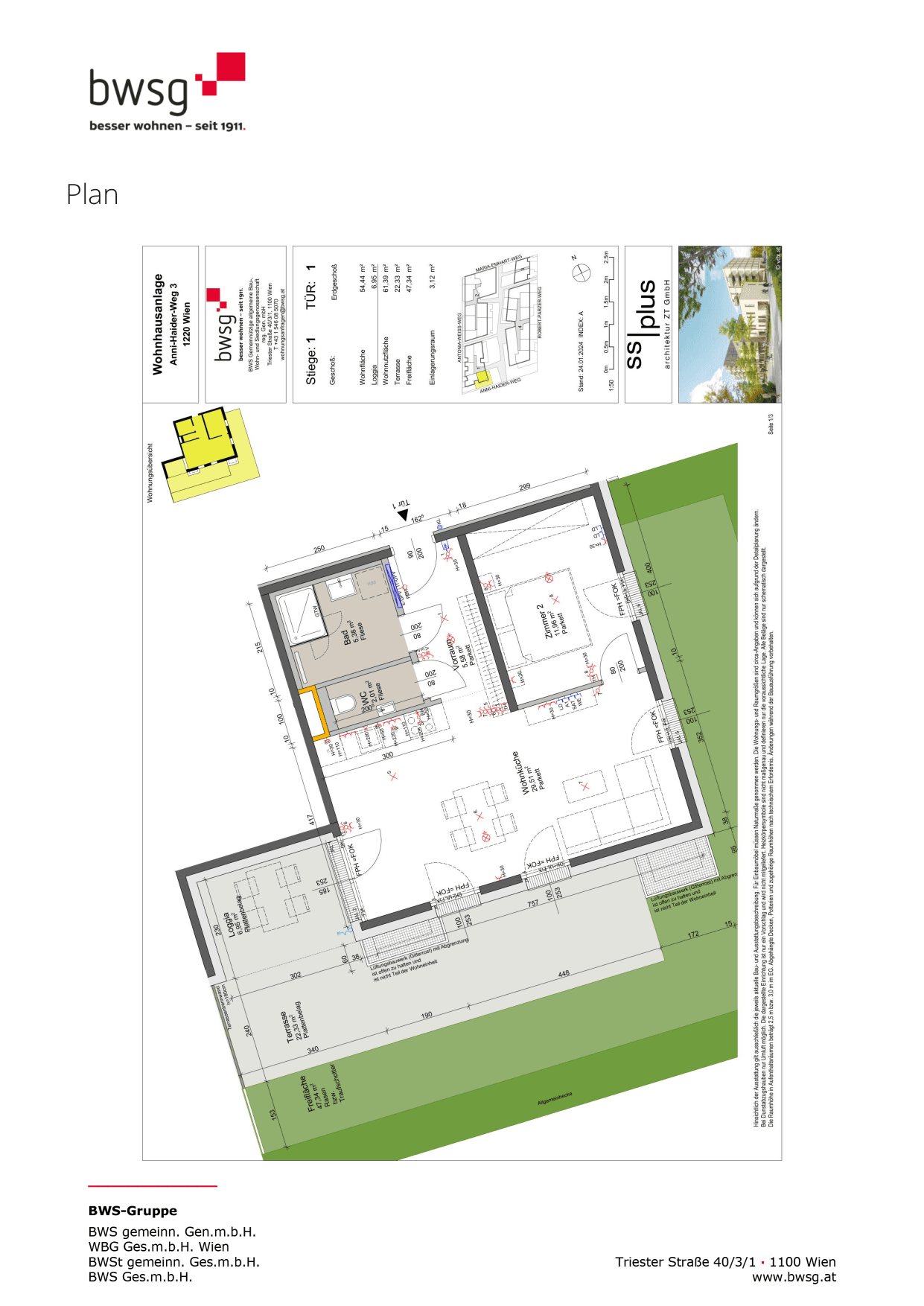 Grundriss Stiege 1 Top 1 — Gretls Garten – Wohnen beim Badeteich Hirschstetten — 2 Zimmer — 54,4 m² — EG — Grundriss 2/3