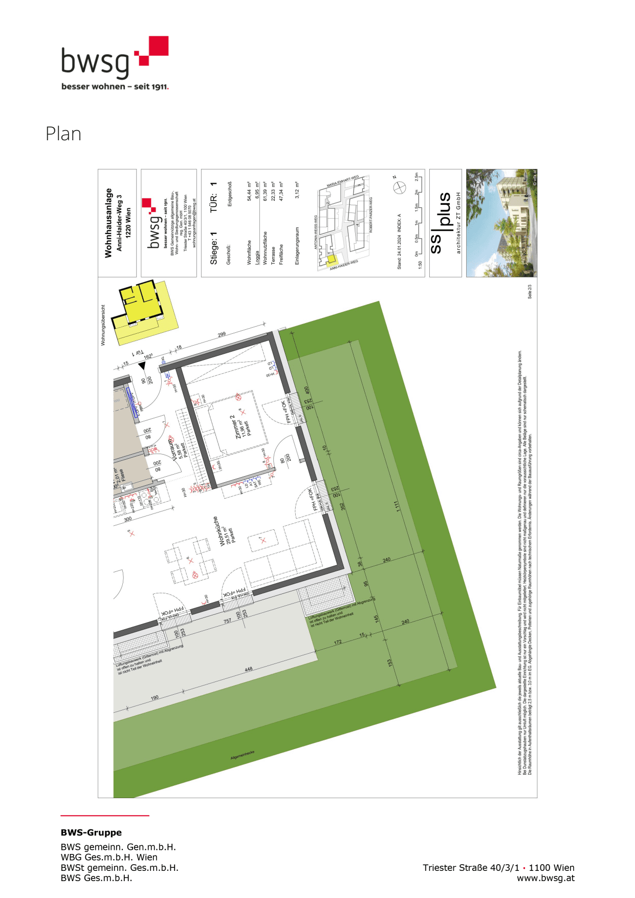 Grundriss Stiege 1 Top 1 — Gretls Garten – Wohnen beim Badeteich Hirschstetten — 2 Zimmer — 54,4 m² — EG — Grundriss 3/3