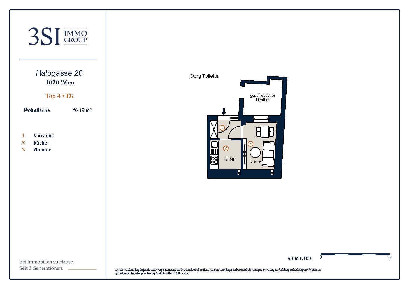 Grundriss 1/4 — Halbgasse 20 — 1 Zimmer — 16,2 m² — EG