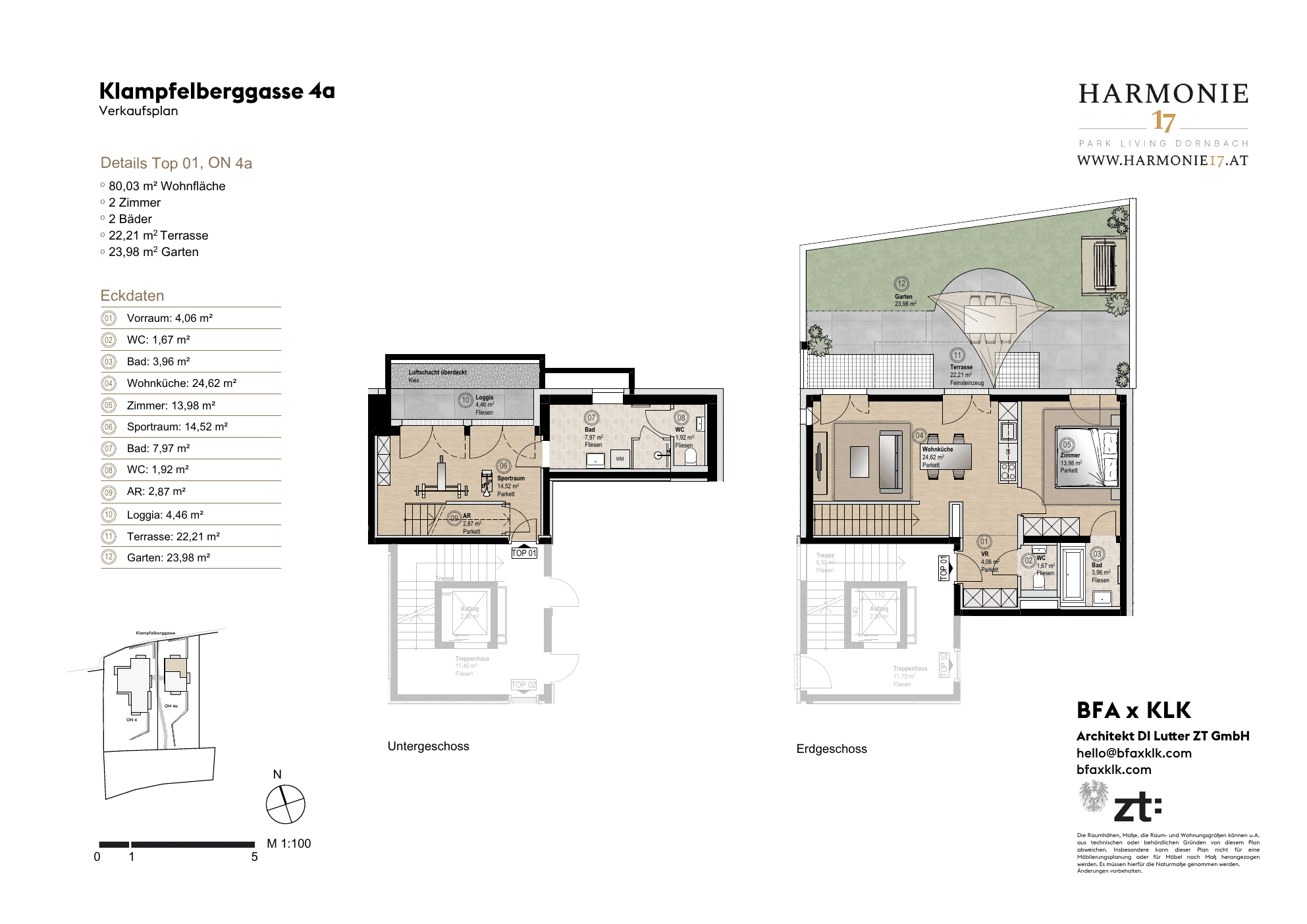Grundriss Villa 4a Top 1 — Harmonie 17 — 2 Zimmer — 80 m² — UG/EG