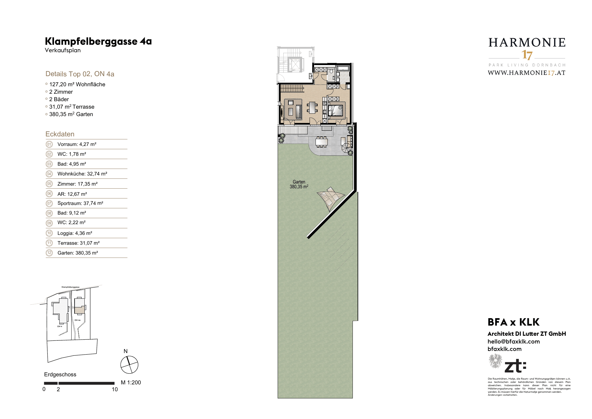 Grundriss Villa 4a Top 2 — Harmonie 17 — 2 Zimmer — 127,2 m² — UG/EG — Grundriss 2/2