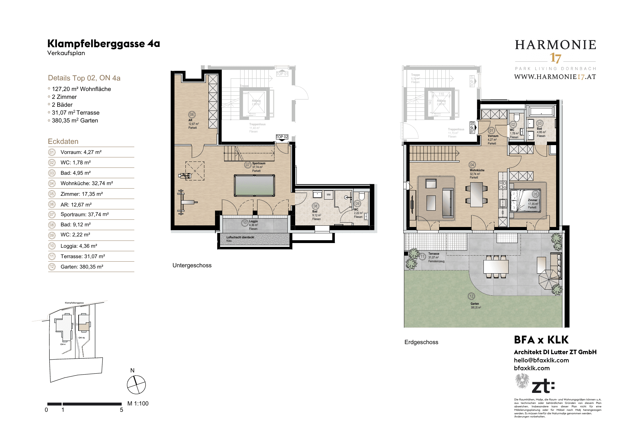 Grundriss Villa 4a Top 2 — Harmonie 17 — 2 Zimmer — 127,2 m² — UG/EG — Grundriss 1/2