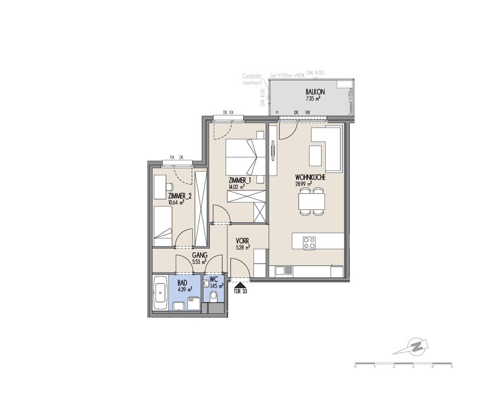 Grundriss Top 01-033 — Hof am Park — 3 Zimmer — 70,3 m² — 3. OG