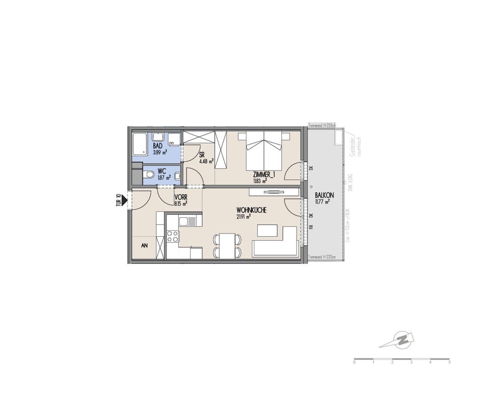 Grundriss Top 02-010 — Hof am Park — 2 Zimmer — 52,1 m² — 1. OG