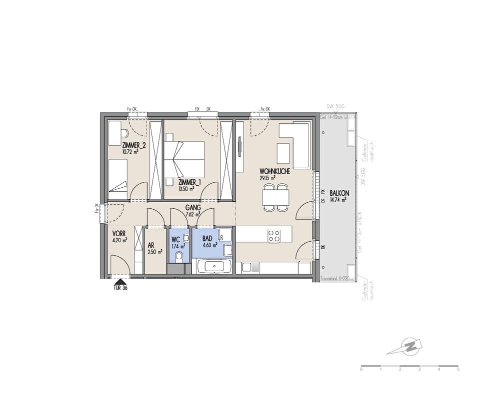 Grundriss Top 02-036 — Hof am Park — 3 Zimmer — 74,1 m² — 4. OG