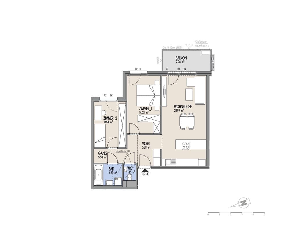 Floorplan Top 01-043 — Hof am Park — 3 Rooms — 70.3 m² — 4. OG