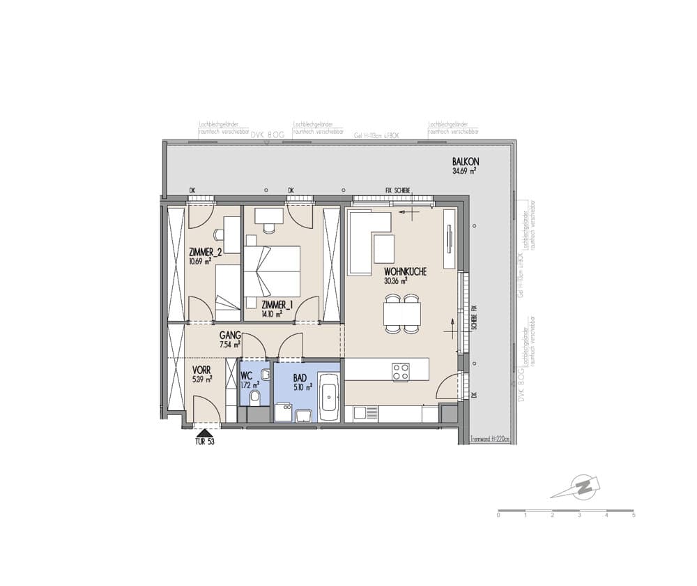 Grundriss Top 01-053 — Hof am Park — 3 Zimmer — 74,9 m² — 7. OG
