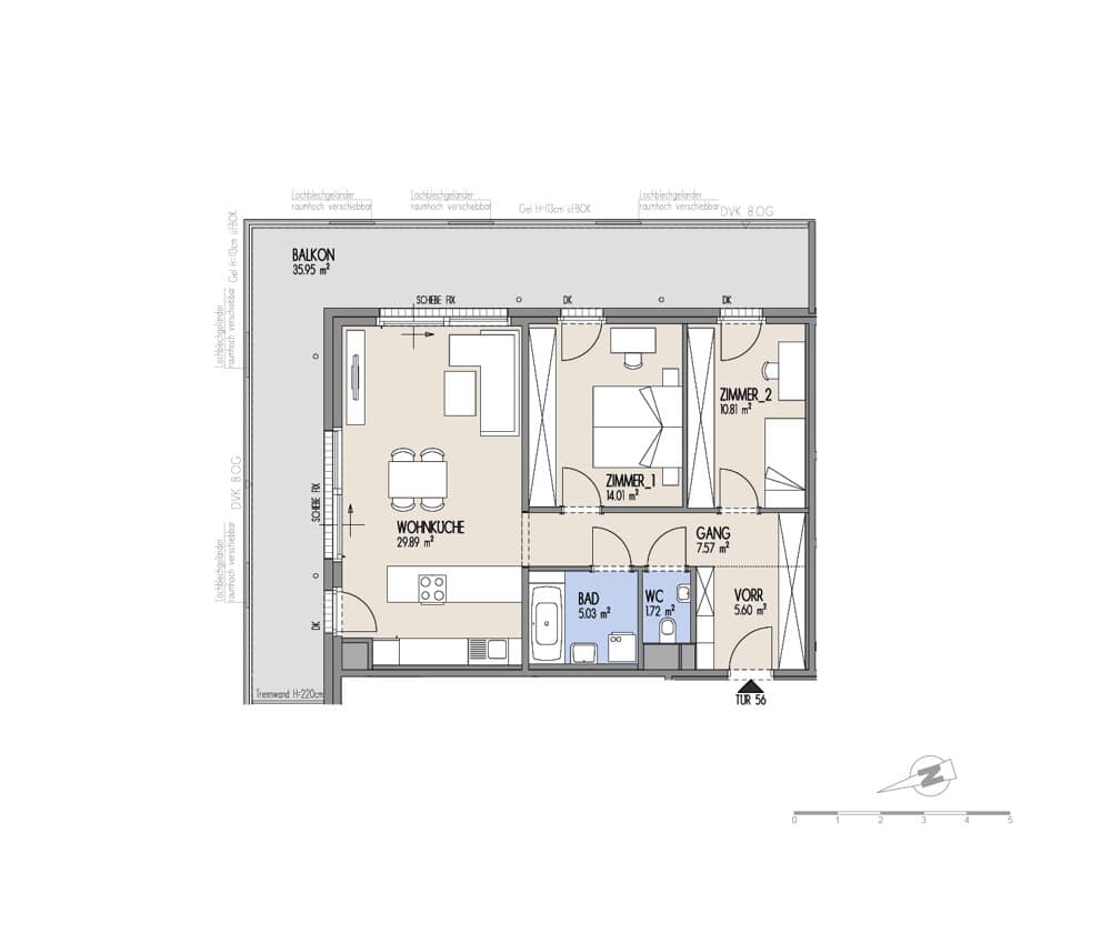 Grundriss Top 01-056 — Hof am Park — 3 Zimmer — 74,6 m² — 7. OG