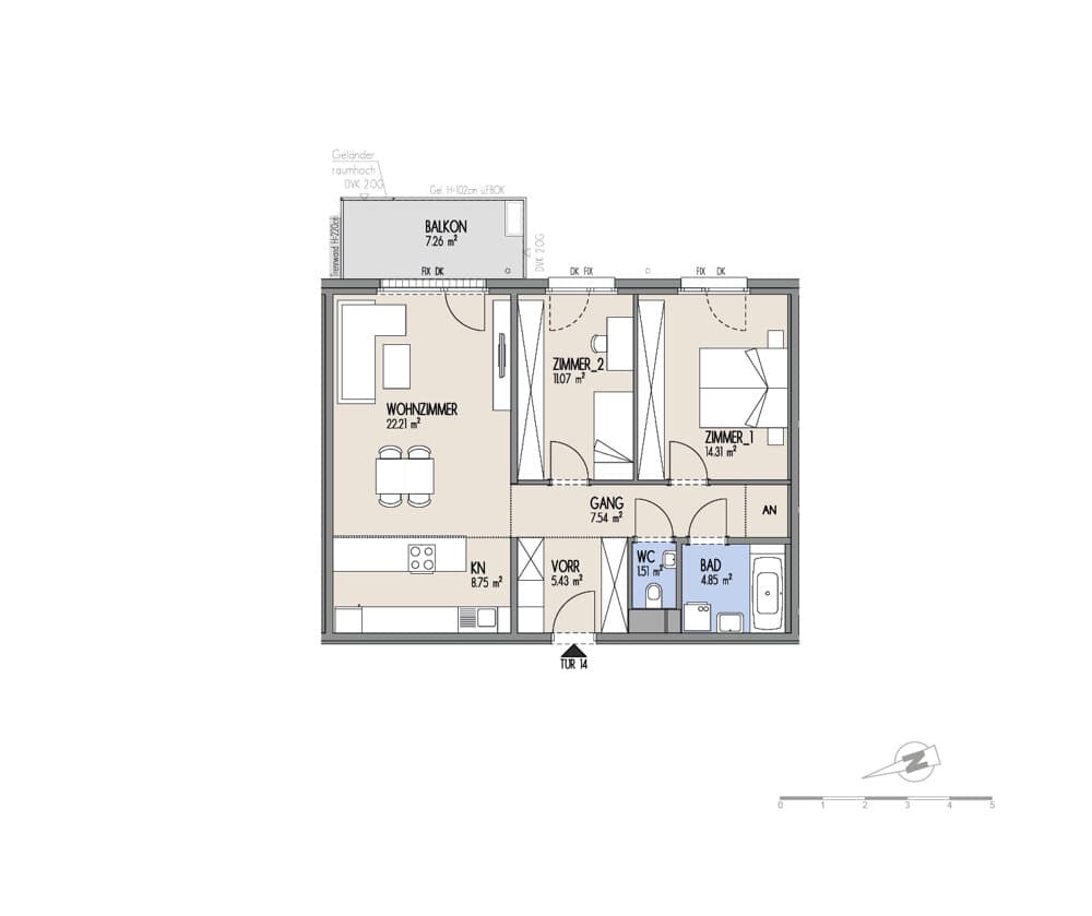Floorplan Top 01-014 — Hof am Park — 3 Rooms — 75.7 m² — 1. OG