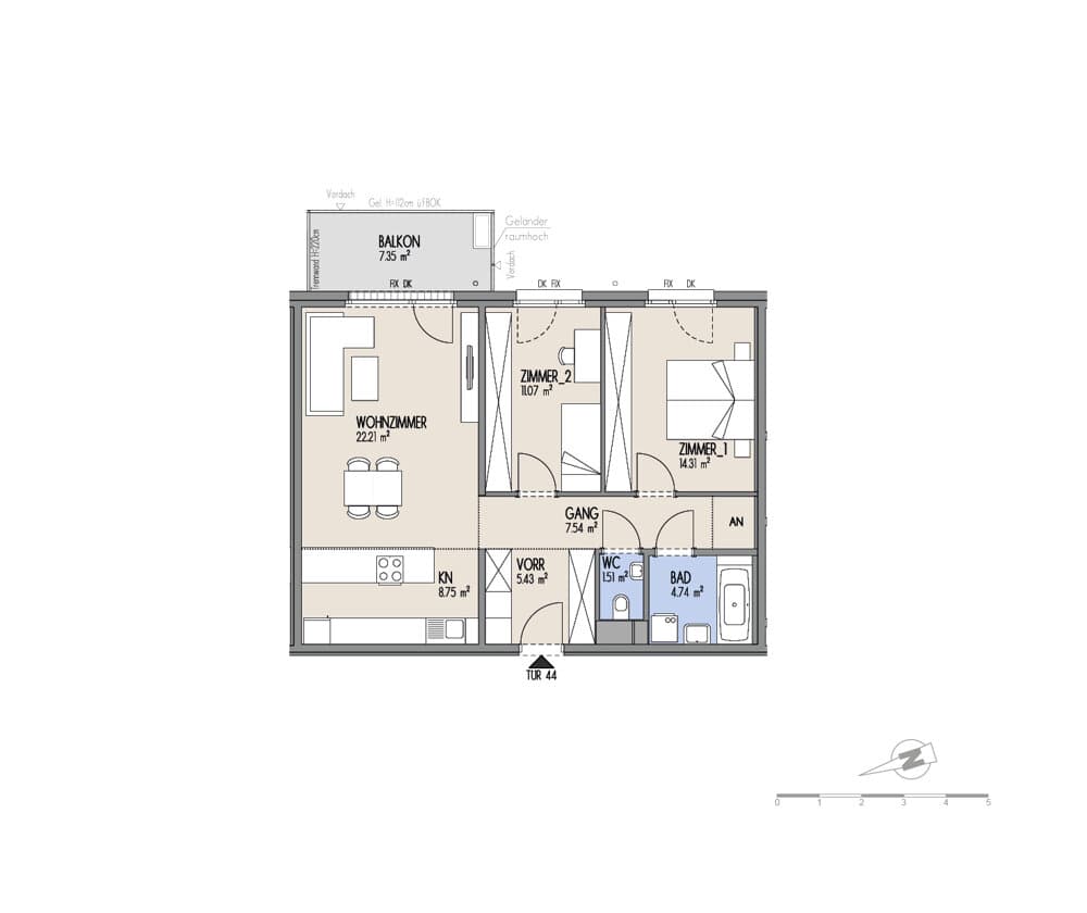 Floorplan Top 01-044 — Hof am Park — 3 Rooms — 75.6 m² — 4. OG