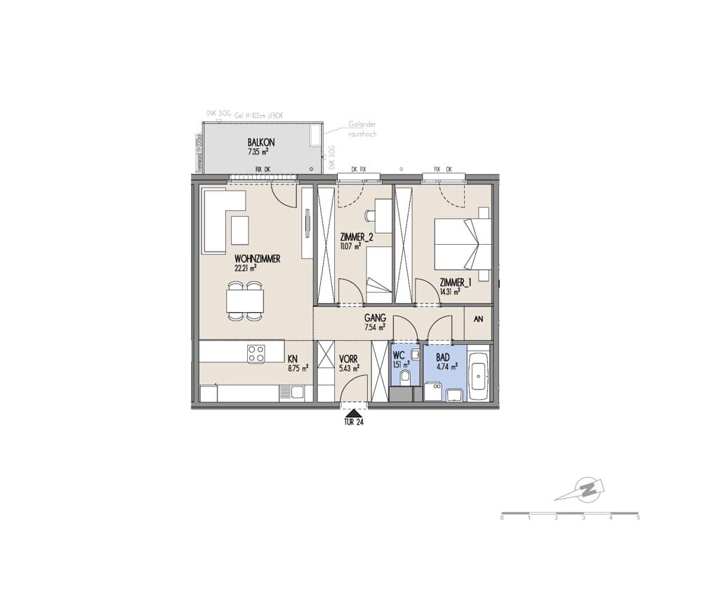Grundriss Top 01-024 — Hof am Park — 3 Zimmer — 75,6 m² — 2. OG