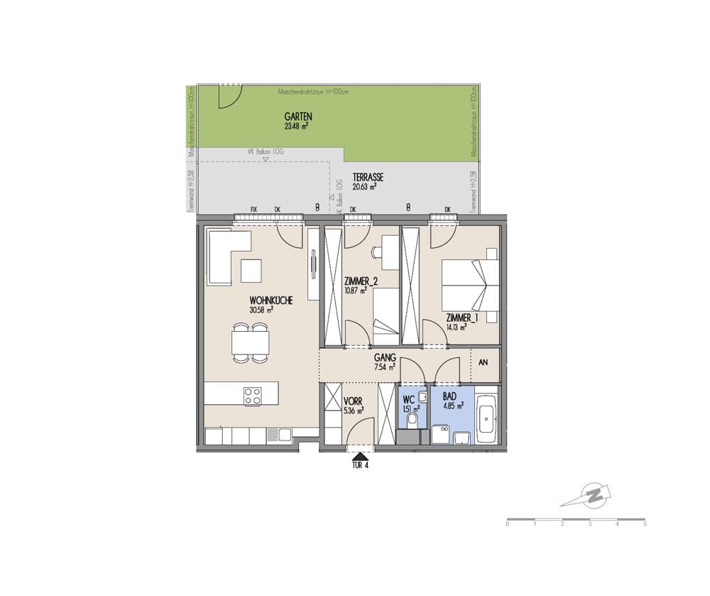 Grundriss Top 01-004 — Hof am Park — 3 Zimmer — 74,8 m² — EG