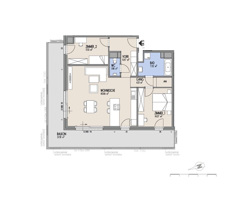 Grundriss Top 01-051 — Hof am Park — 3 Zimmer — 88,4 m² — 6. OG
