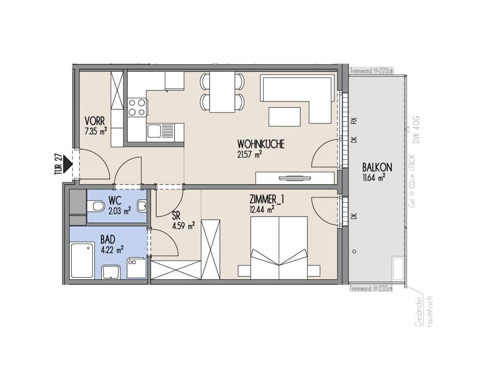 Grundriss Top 02-027 — Hof am Park — 2 Zimmer — 52,2 m² — 3. OG