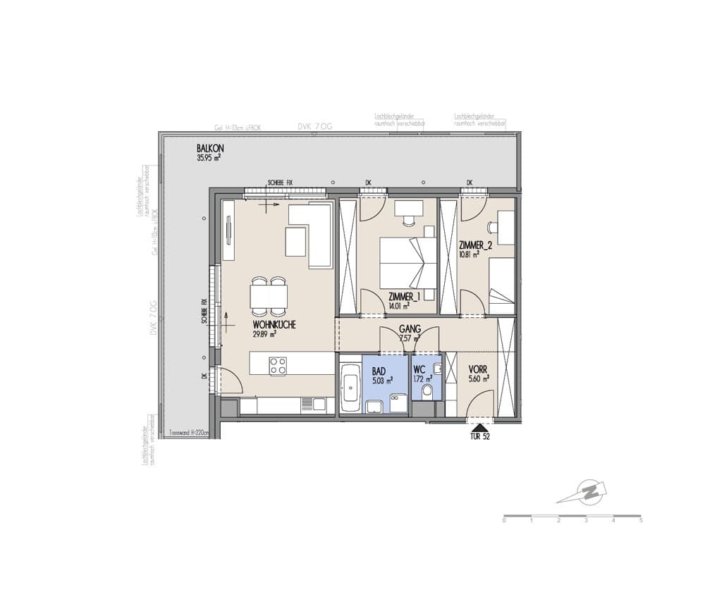 Grundriss Top 01-052 — Hof am Park — 3 Zimmer — 74,6 m² — 6. OG