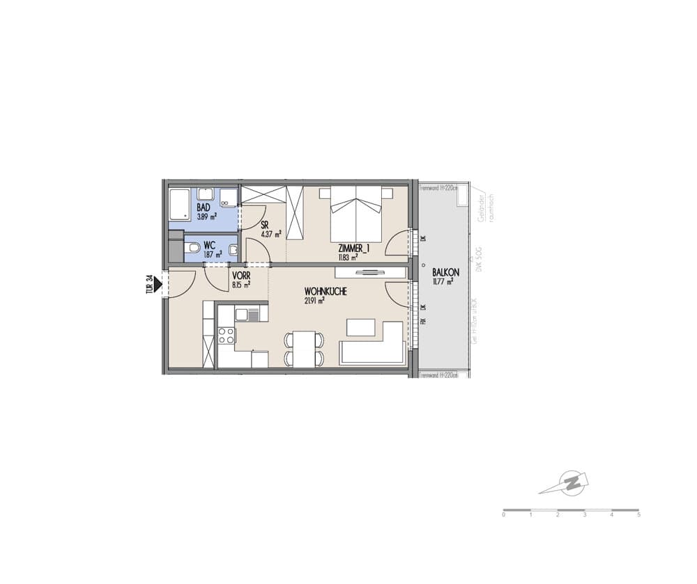 Floorplan Top 02-034 — Hof am Park — 2 Rooms — 52 m² — 4. OG