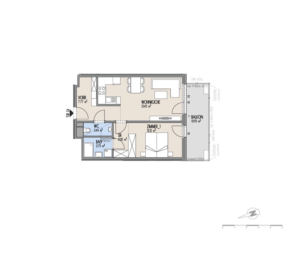 Grundriss Top 02-024 — Hof am Park — 2 Zimmer — 50,8 m² — 3. OG