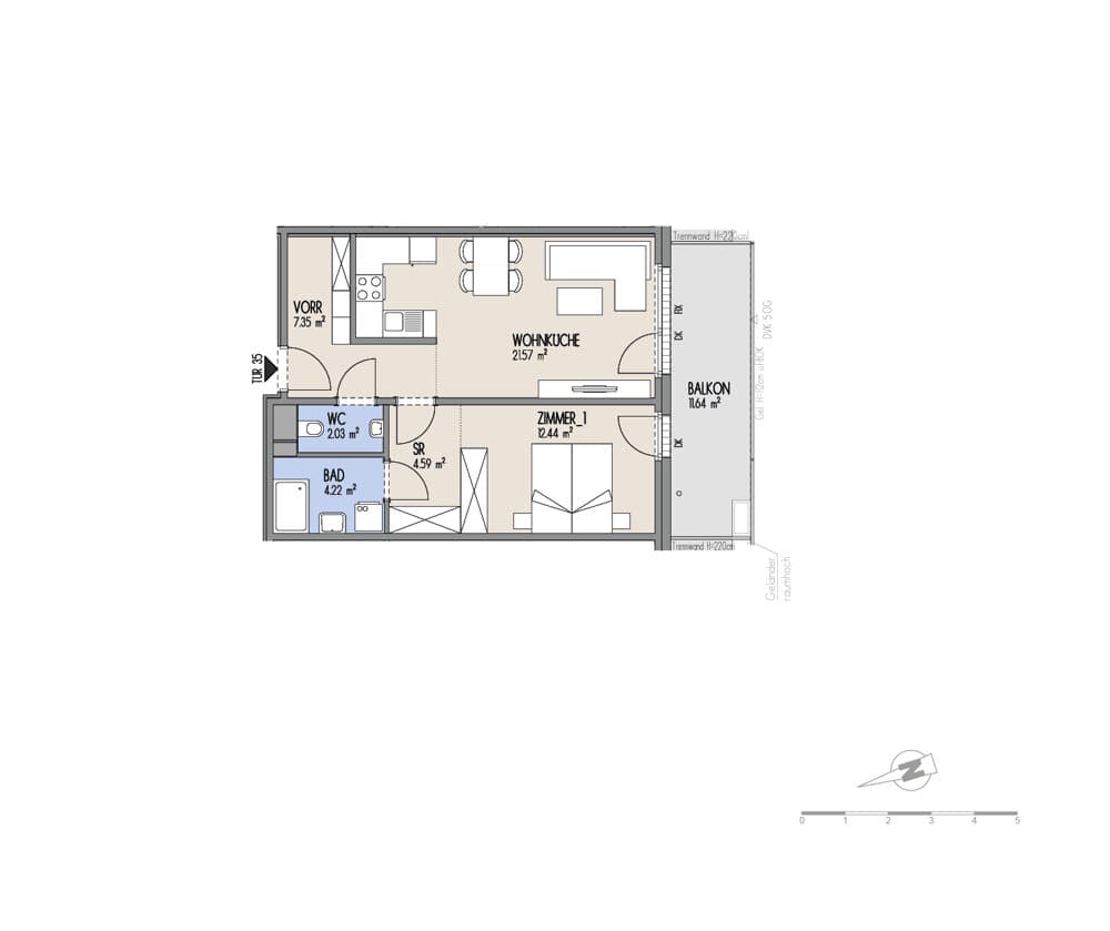 Floorplan Top 02-035 — Hof am Park — 2 Rooms — 52.2 m² — 4. OG