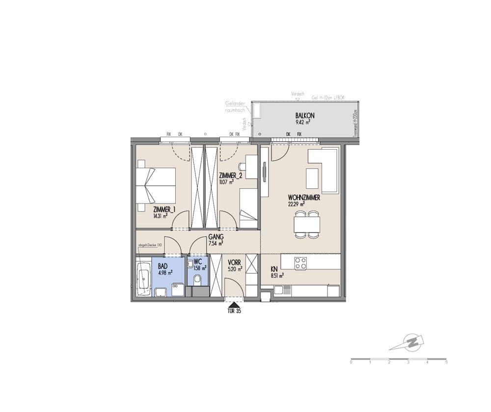 Floorplan Top 01-035 — Hof am Park — 3 Rooms — 75.5 m² — 4. OG