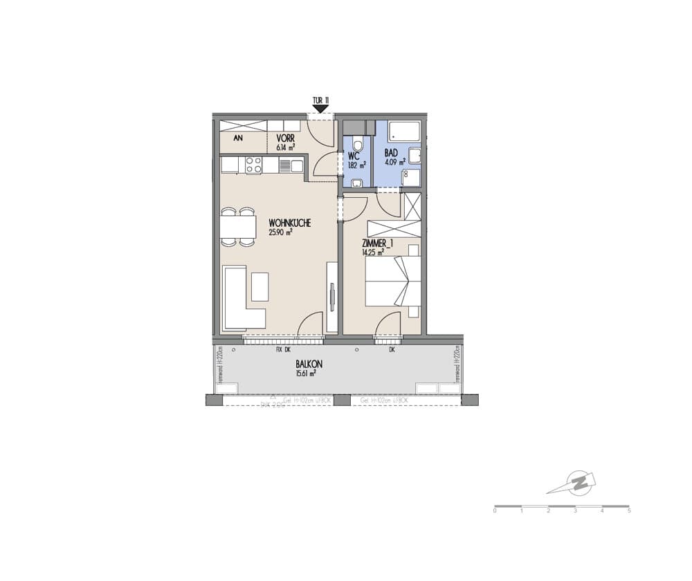 Grundriss Top 01-011 — Hof am Park — 2 Zimmer — 52,2 m² — 1. OG