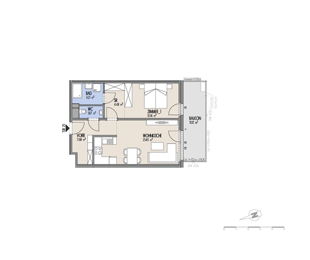 Grundriss Top 02-025 — Hof am Park — 2 Zimmer — 51,8 m² — 3. OG