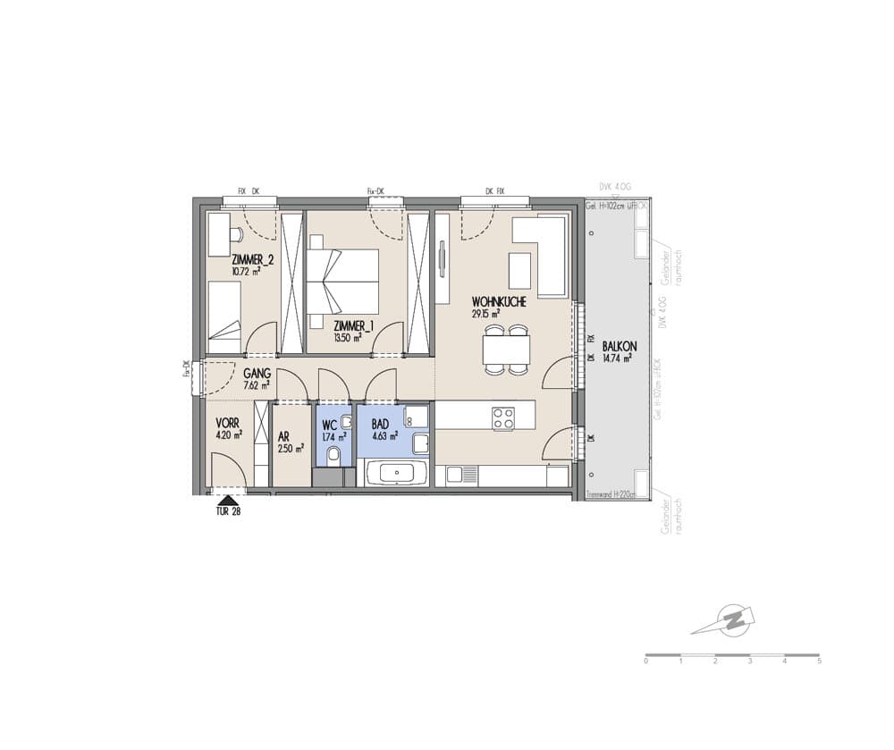 Floorplan Top 02-028 — Hof am Park — 3 Rooms — 74.1 m² — 3. OG