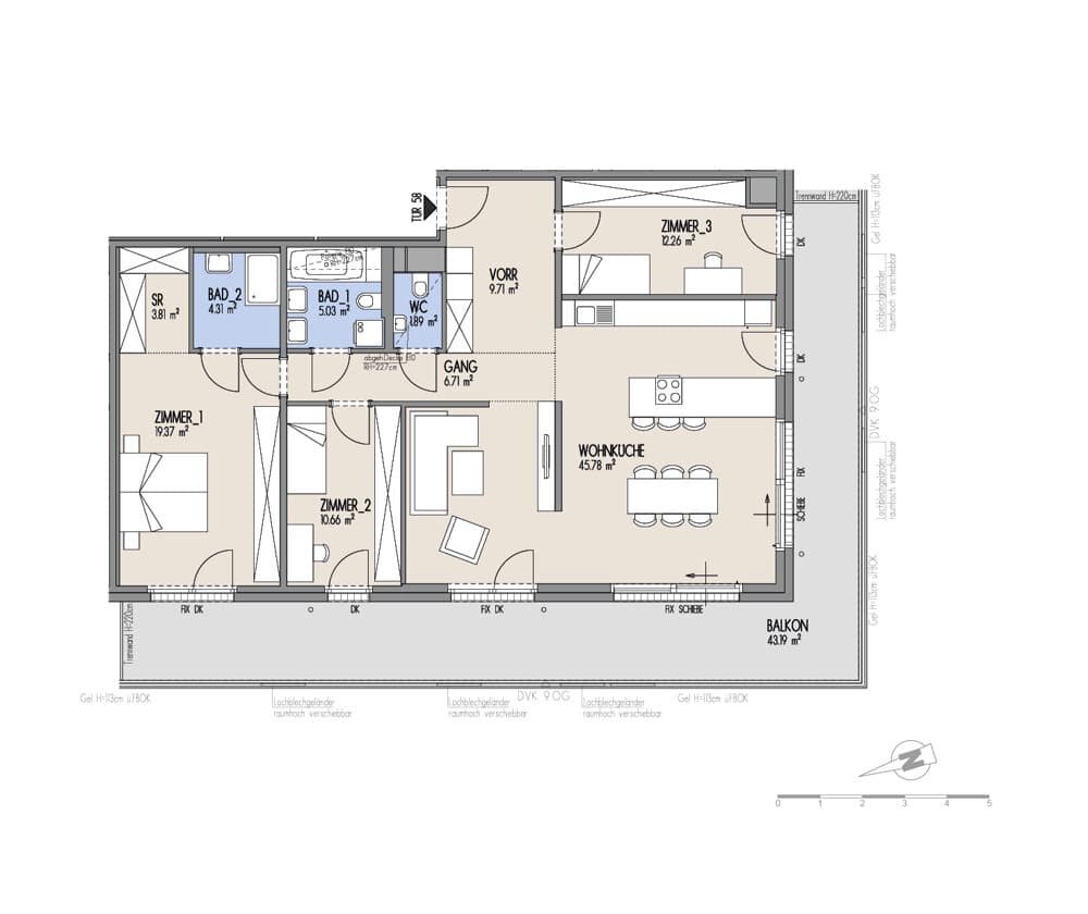Grundriss Top 01-058 — Hof am Park — 4 Zimmer — 119,5 m² — 8. OG