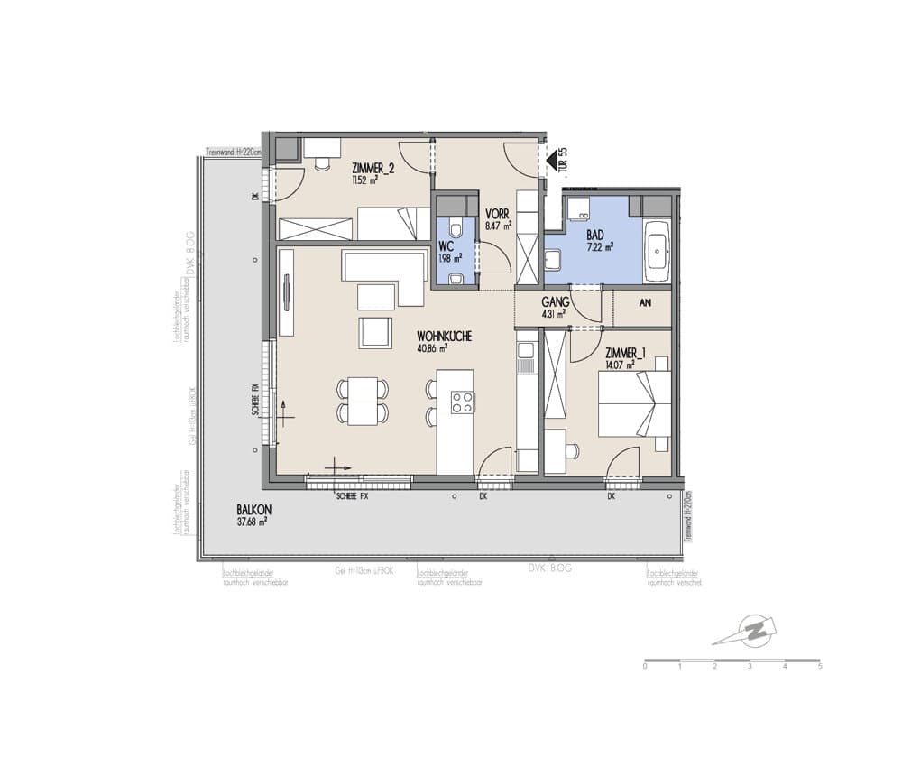 Grundriss Top 01-055 — Hof am Park — 3 Zimmer — 88,4 m² — 7. OG