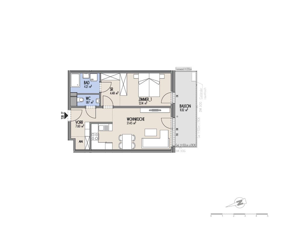 Grundriss Top 02-017 — Hof am Park — 2 Zimmer — 51,8 m² — 2. OG
