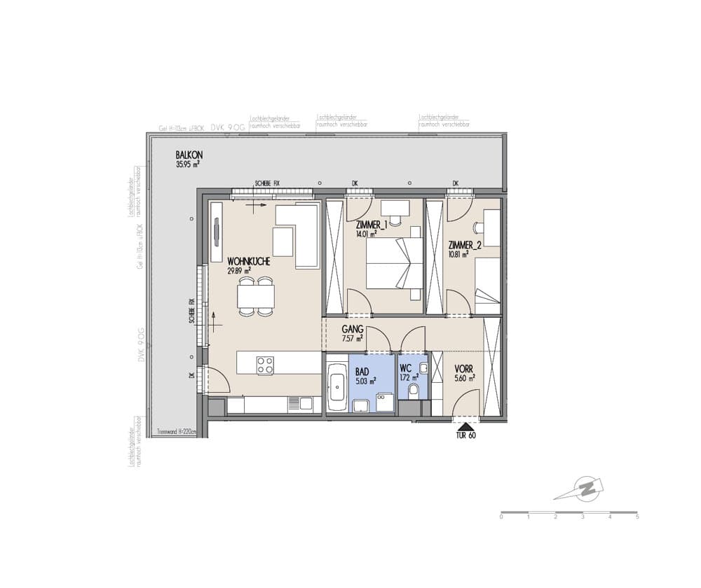 Grundriss Top 01-060 — Hof am Park — 3 Zimmer — 74,6 m² — 8. OG