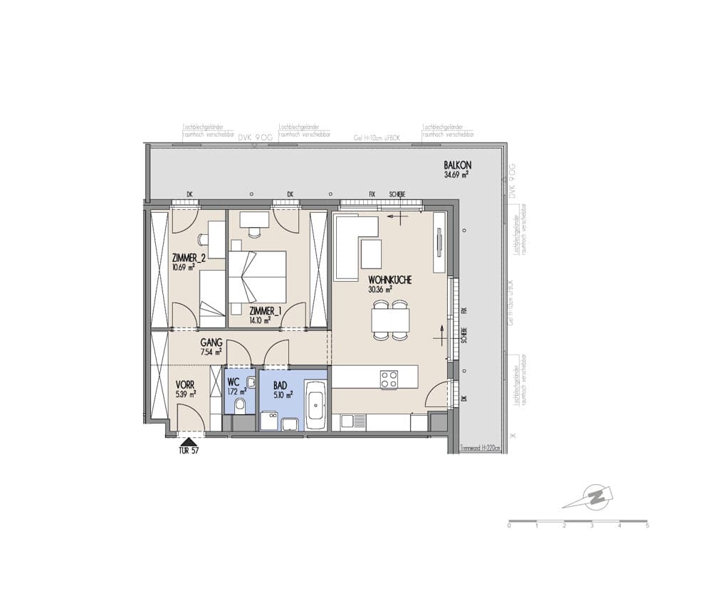 Grundriss Top 01-057 — Hof am Park — 3 Zimmer — 74,9 m² — 8. OG