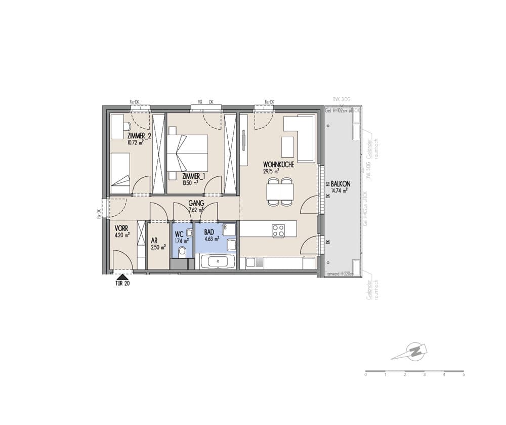 Grundriss Top 02-020 — Hof am Park — 3 Zimmer — 74,1 m² — 2. OG