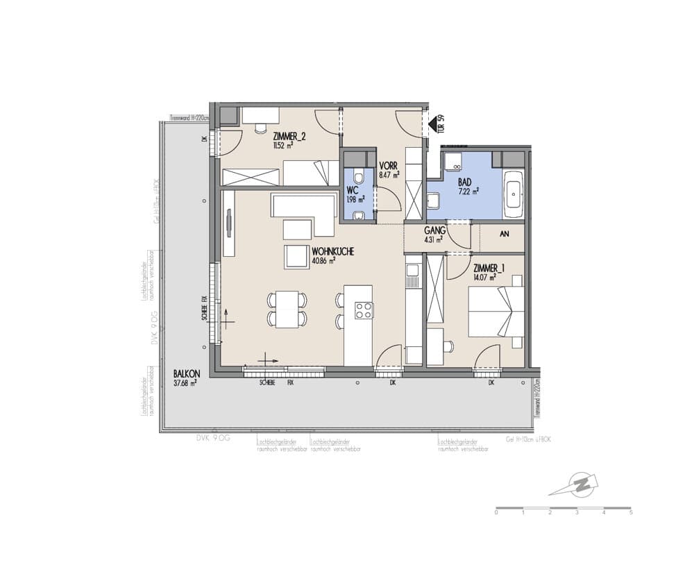 Grundriss Top 01-059 — Hof am Park — 3 Zimmer — 88,4 m² — 8. OG