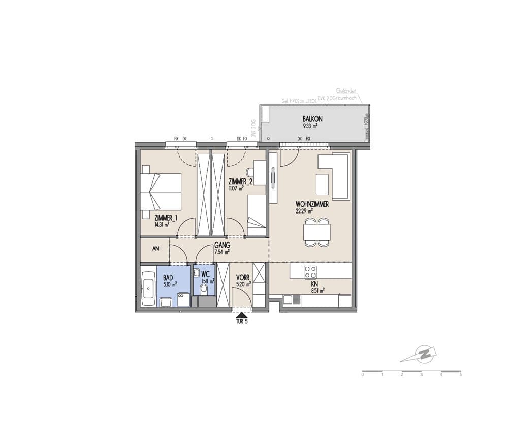 Grundriss Top 01-005 — Hof am Park — 3 Zimmer — 75,6 m² — 1. OG